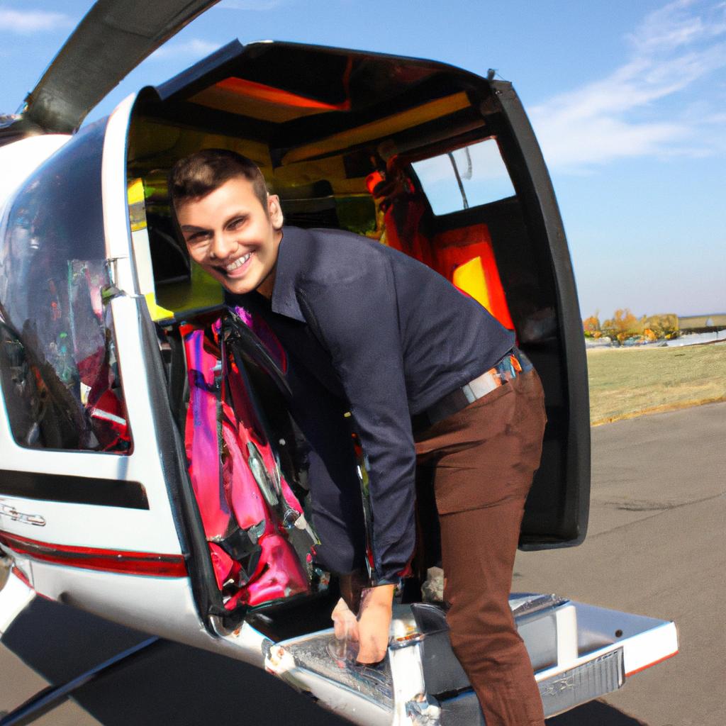 Person boarding a helicopter, smiling